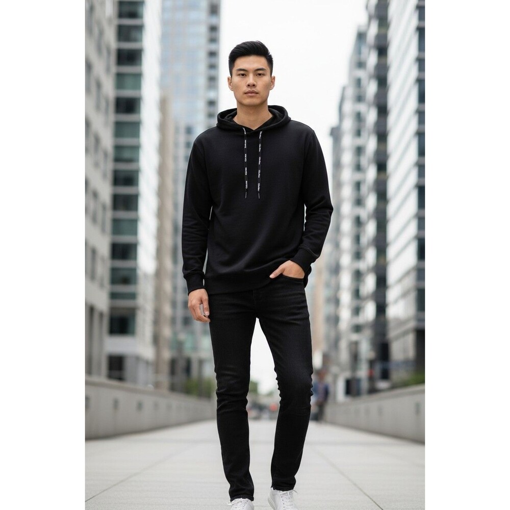 Calvin Klein Mens Sz M Black Long Sleeve LOGO Soft Cotton Hooded Tee Shirt